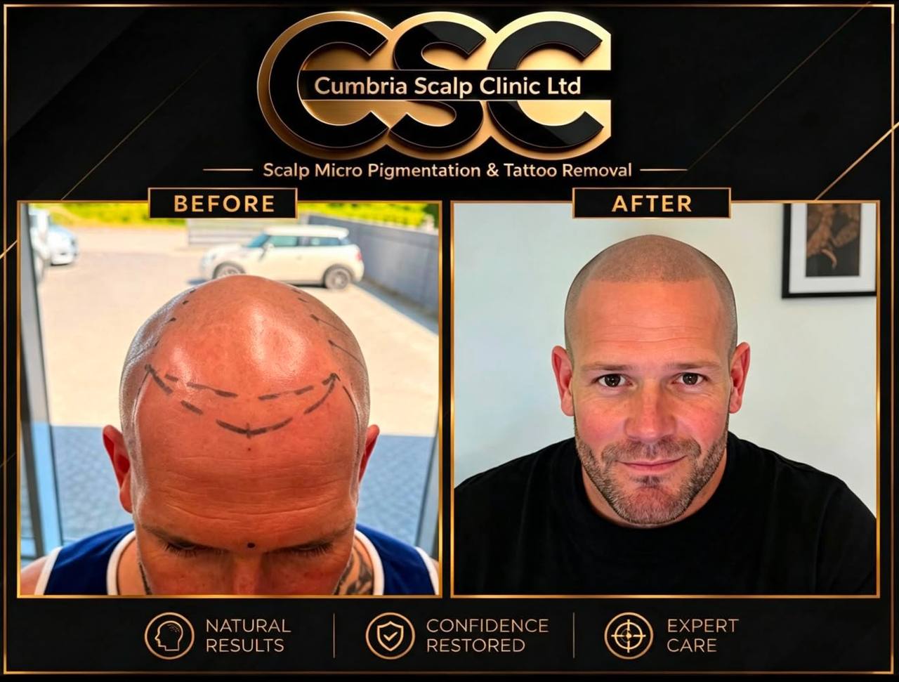 Before and after scalp micropigmentation on a receding hairline and crown, treated at Cumbria Scalp Clinic in Workington