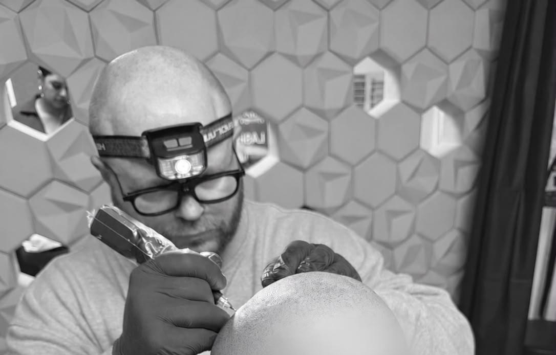 Brett McMullen, owner of Cumbria Scalp Clinic, applying scalp micropigmentation in the Workington treatment room