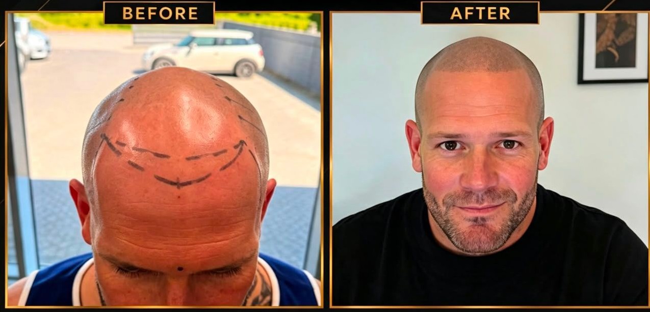 Before and after scalp micropigmentation showing a marked out hairline design and the finished natural result