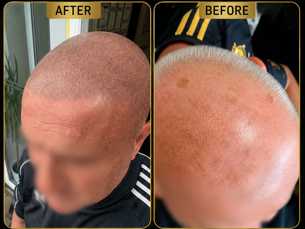 Before and after scalp micropigmentation adding density across the crown and mid scalp
