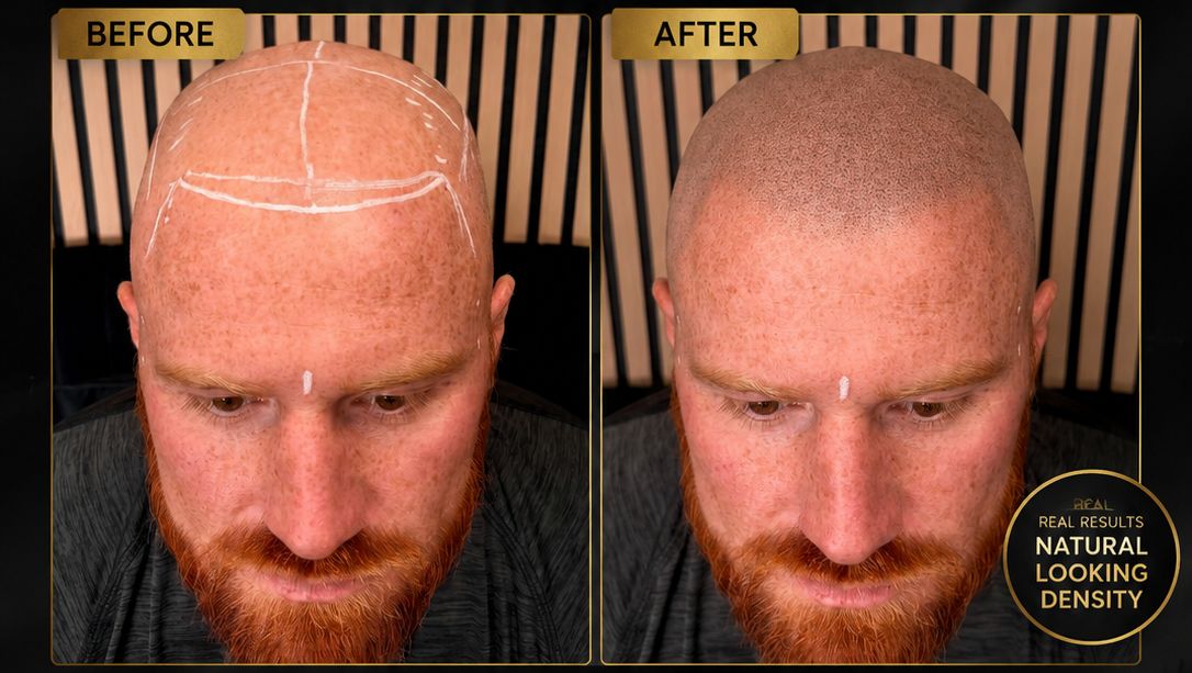 Before and after scalp micropigmentation density work creating a natural looking hairline for a red haired client
